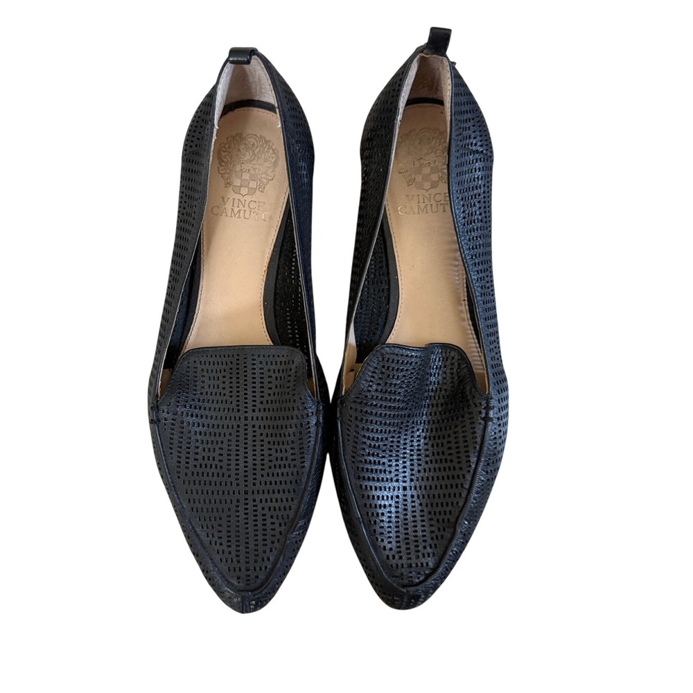 Vince Camuto Black Perforated Leather Pointed Toe Loafers Flats Womens 10M